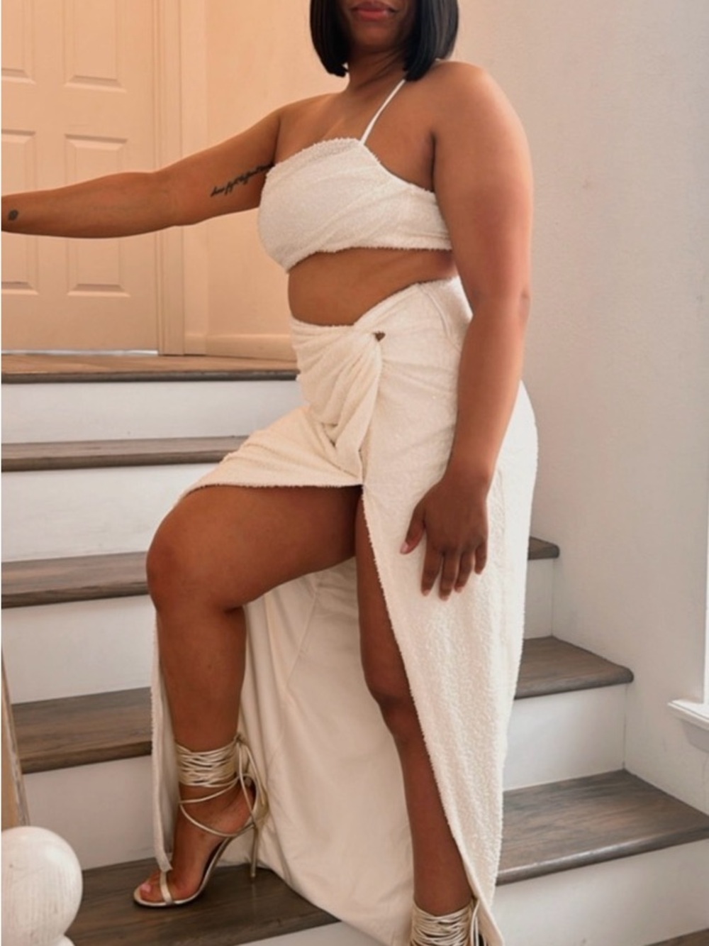 Oh Polly Cream Textured Wrap FULLY 360° beaded, fully intact Maxi Skirt Set